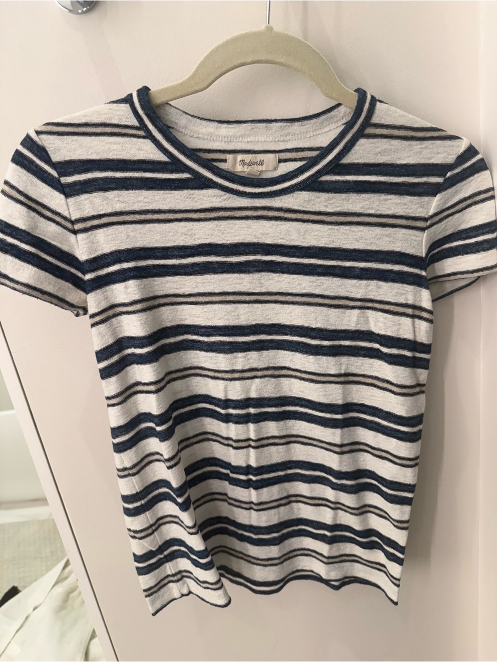 Madewell Blue and White Linen Striped Short Sleeve Top